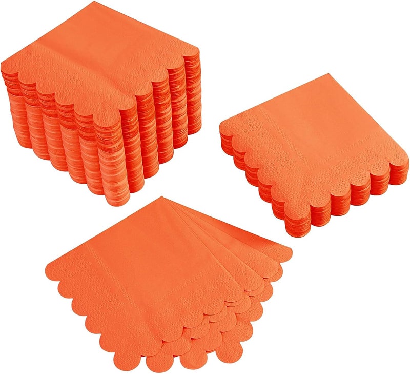 BEFORYOU 100 Pack Cocktail Napkin 2-Ply Scalloped Edged Dessert Napkins Folded 5 x 5 Inches Disposable Napkins for Dinner Wedding Birthday Party Bridal Anniversary Reception Event (Orange) - Image 1